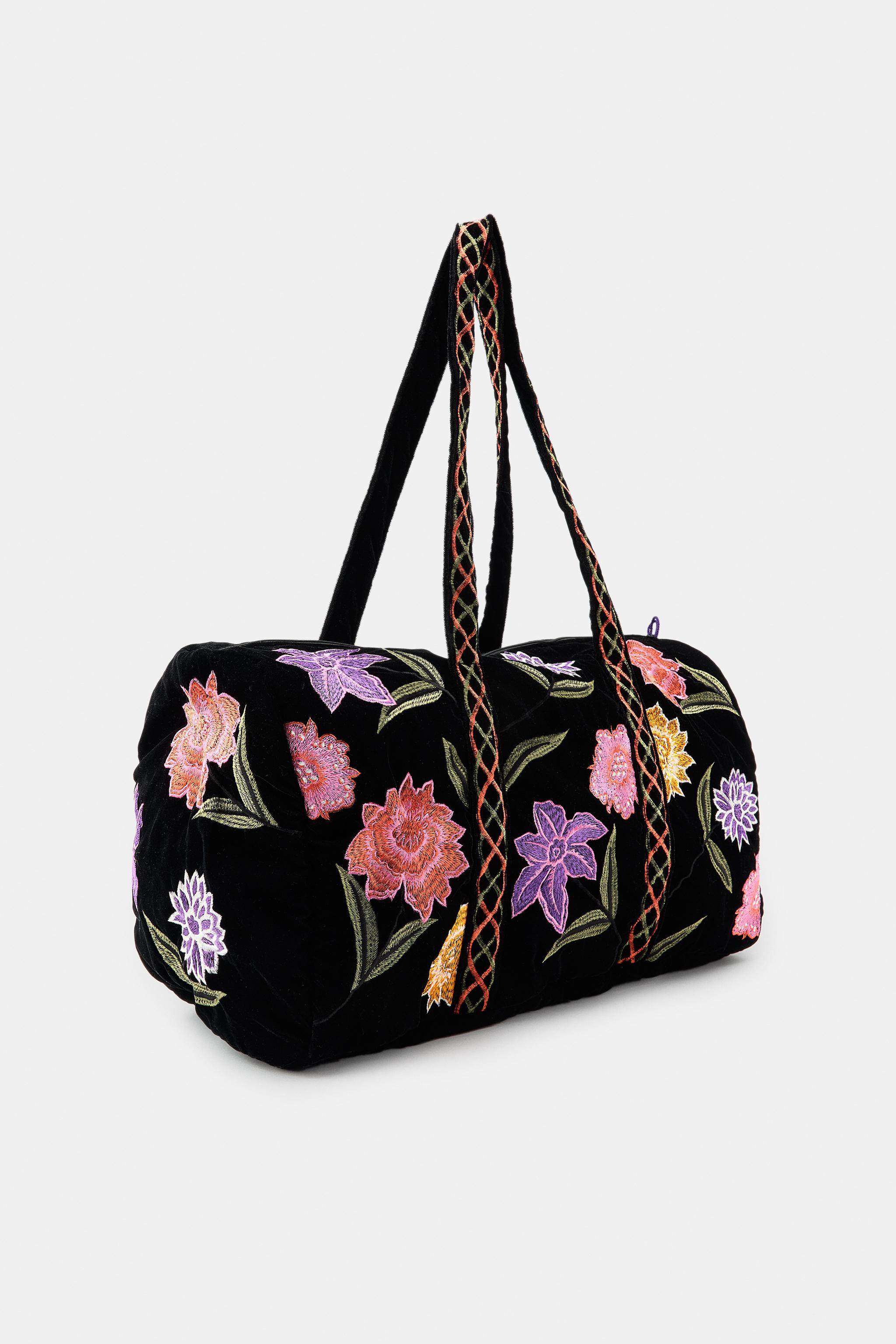 QUILTED VELVET BAG WITH EMBROIDERED FLOWERS